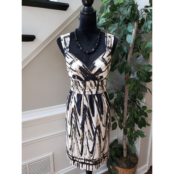 Ann Taylor Sheath Dress Women 12 Beige Black Geo Print Empire Waist Side Pockets - Picture 1 of 13